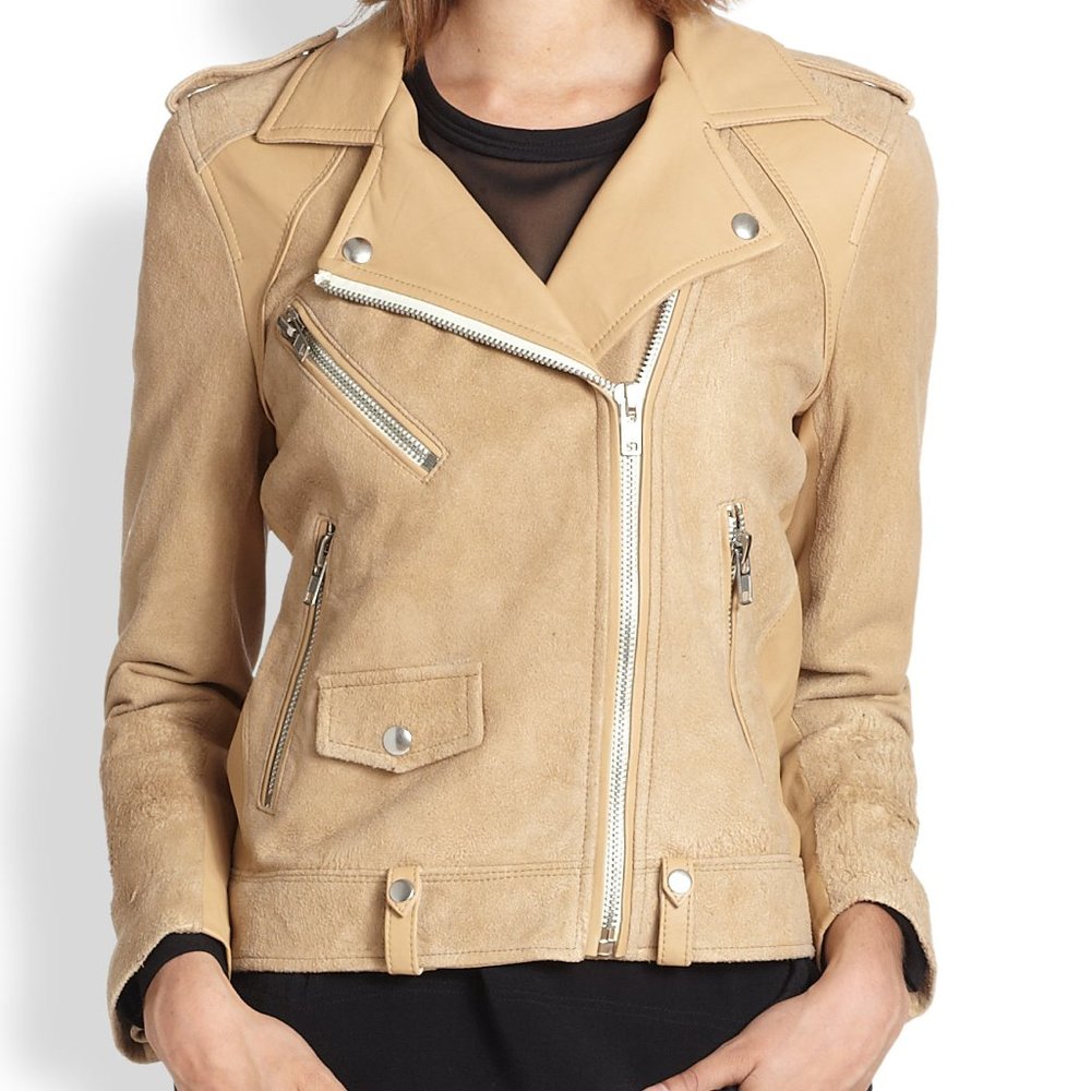 $1250 Sz 34/0 IRO Tan Leather Distressed Suede Adila Moto Zip Up Biker Jacket